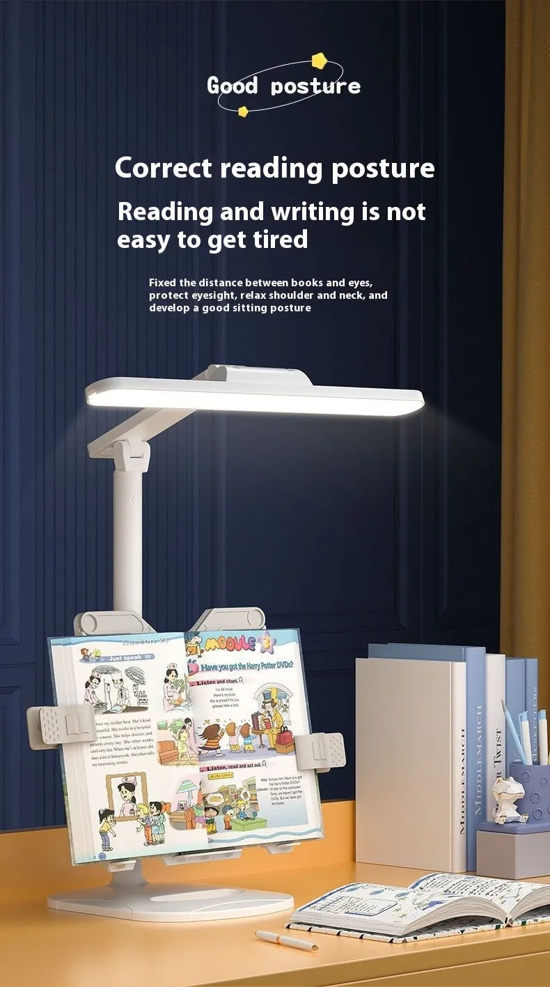 Adjustable multifunctional table lamp with an integrated bookshelf shelf on a wooden desk.