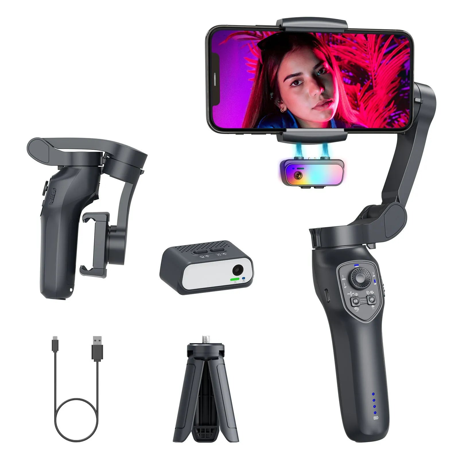Handheld camera stabilizer tripod head in L7Cpro gun colour with foldable arms and AI RGB lighting.