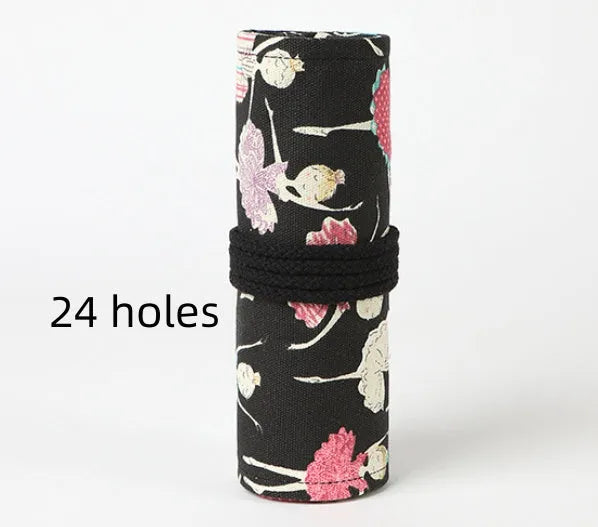 Square canvas rolling pencil case with ballet girl print, shown with curtain unrolled to reveal multiple pencil holes.