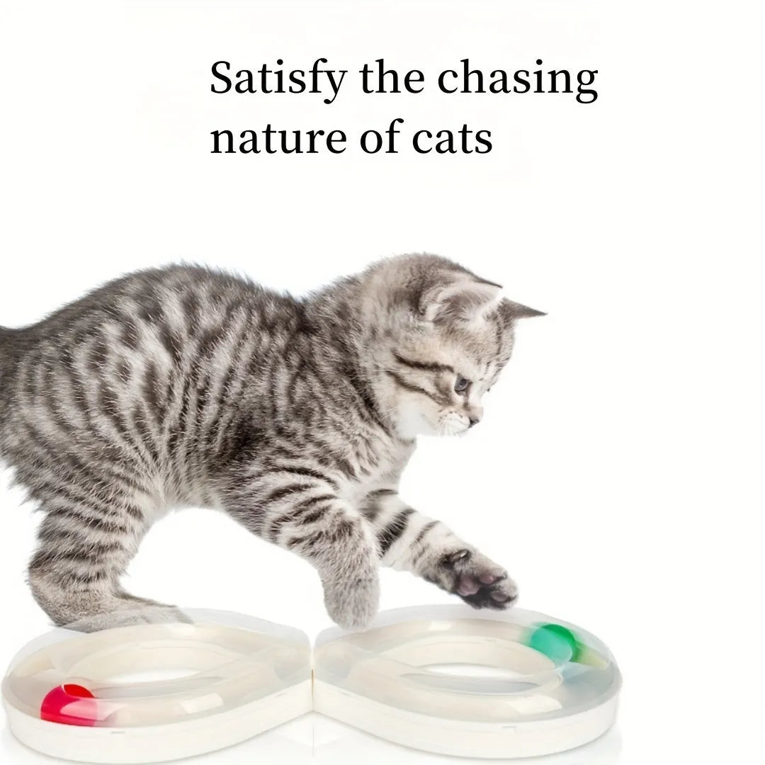Blue and white cat toy set with turntable track ball system, teasing stick, and multiple balls