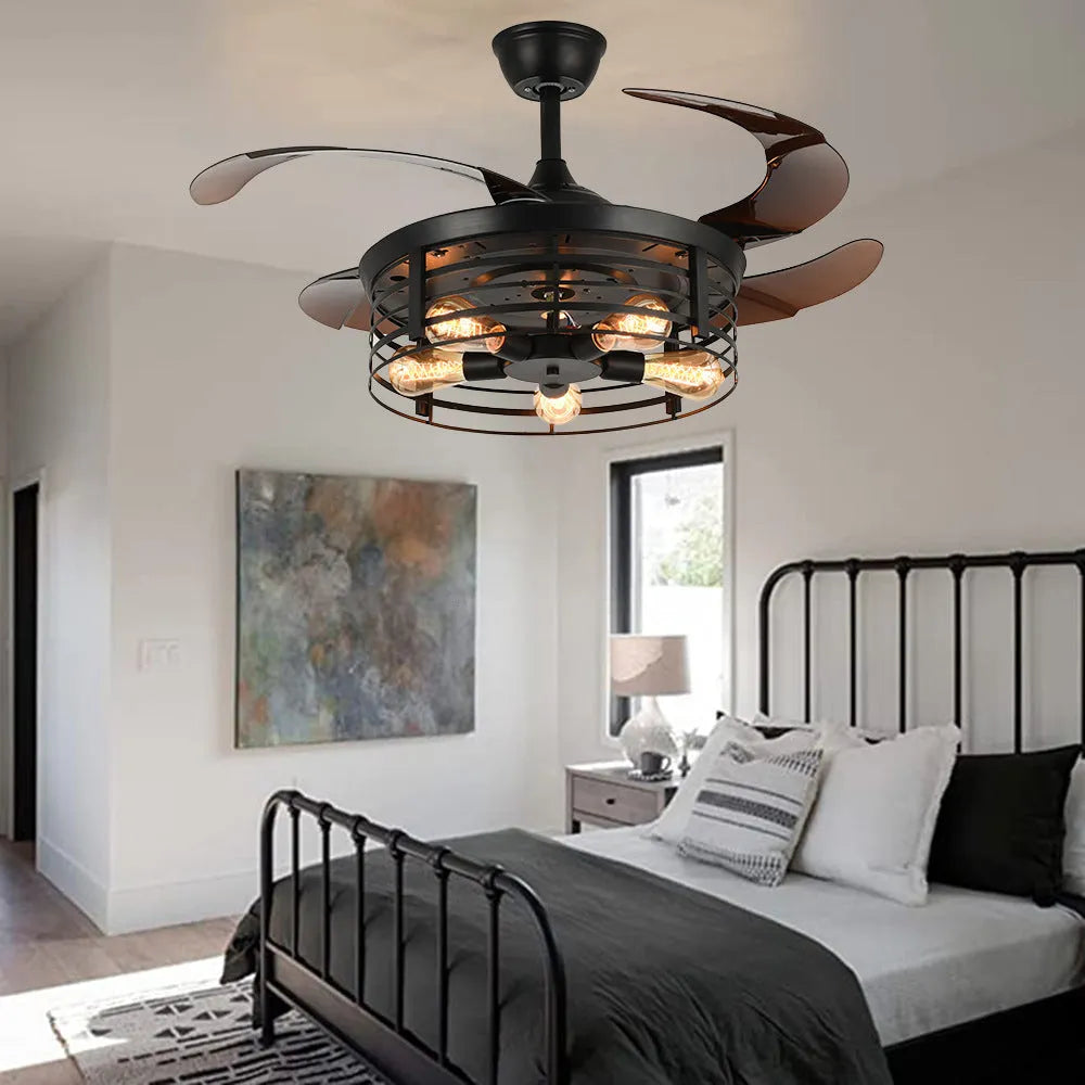 Industrial American retro fan lamp with remote control showing 42-inch diameter and acrylic construction