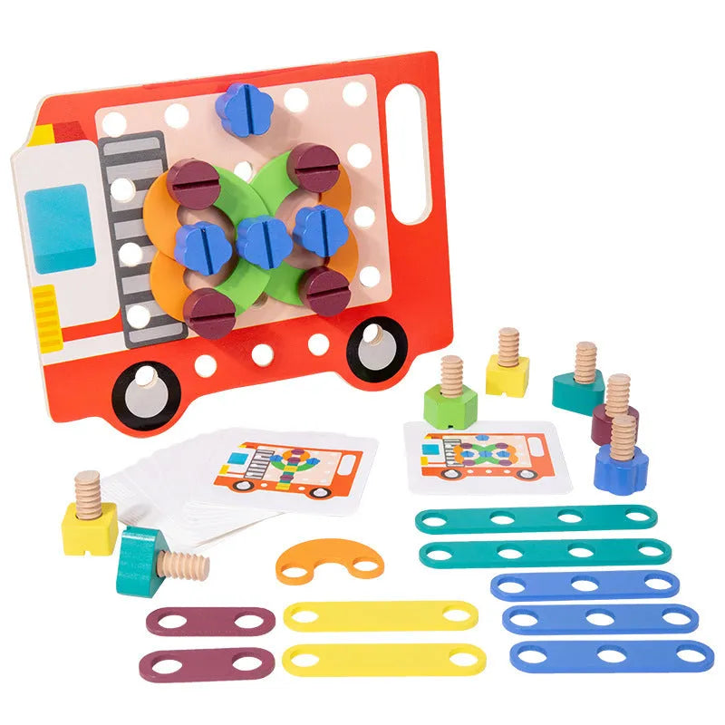 Wooden twist screw puzzle board with changeable shape and colour pieces for toddler matching game