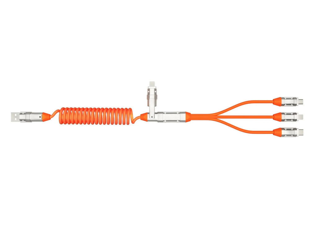 240W spring telescopic fast charge data cable with aluminium alloy body, Micro USB and Type C ports, 1m length