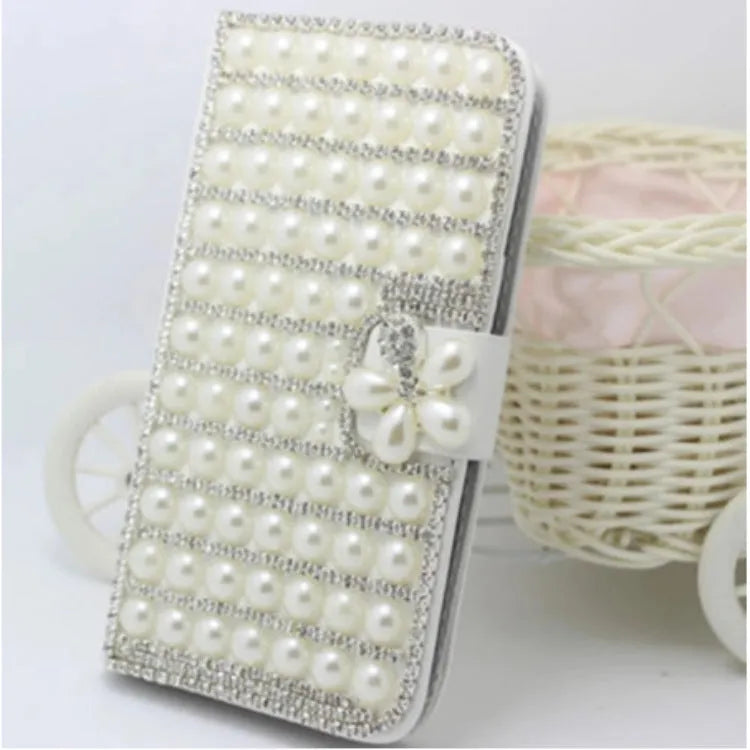 Handmade imitation leather phone case with all-inclusive rhinestone detailing in white gem wallet design