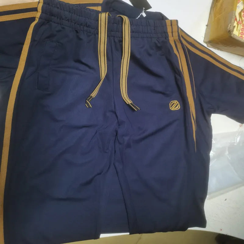 Men's blue ice silk style short sleeve suit with pants, showing ironing-free sportswear set.