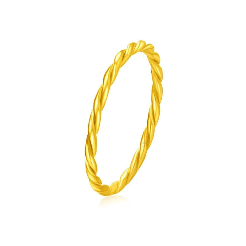 A brass gold plated women's ring in a simple bracelet design, shown in glossy, matte, and twist style variations.