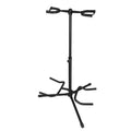 Black vertical adjustable guitar stand showing height mechanism and double-headed design