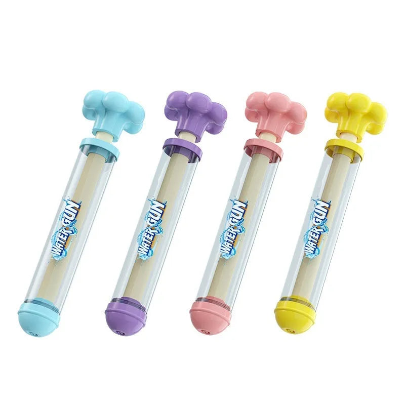 Blue 27cm plastic pull-out water gun toy on white background