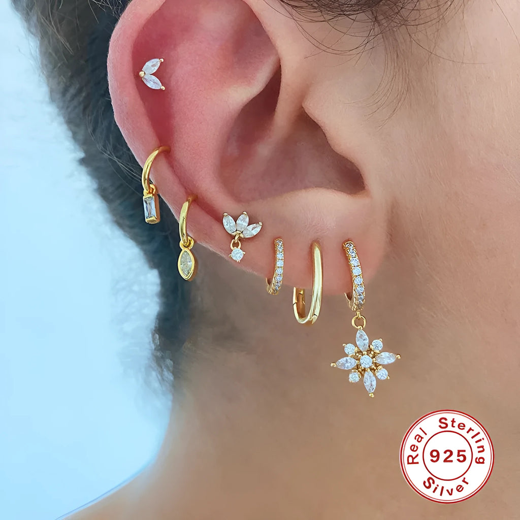 S925 sterling silver snowflake pendant earrings with cubic zirconia stones in geometric design
