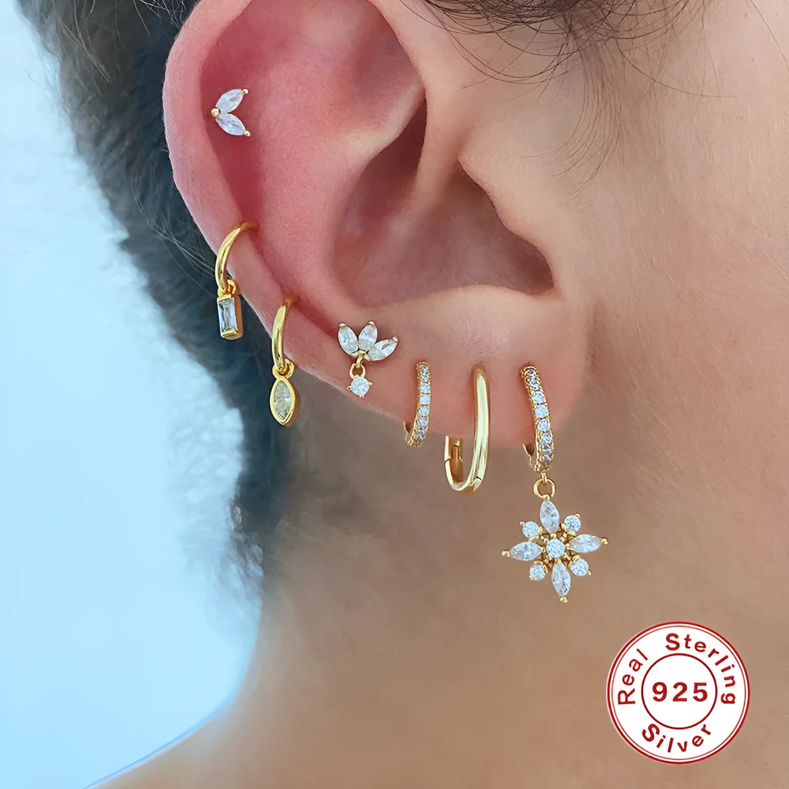 S925 sterling silver snowflake pendant earrings with cubic zirconia stones in geometric design