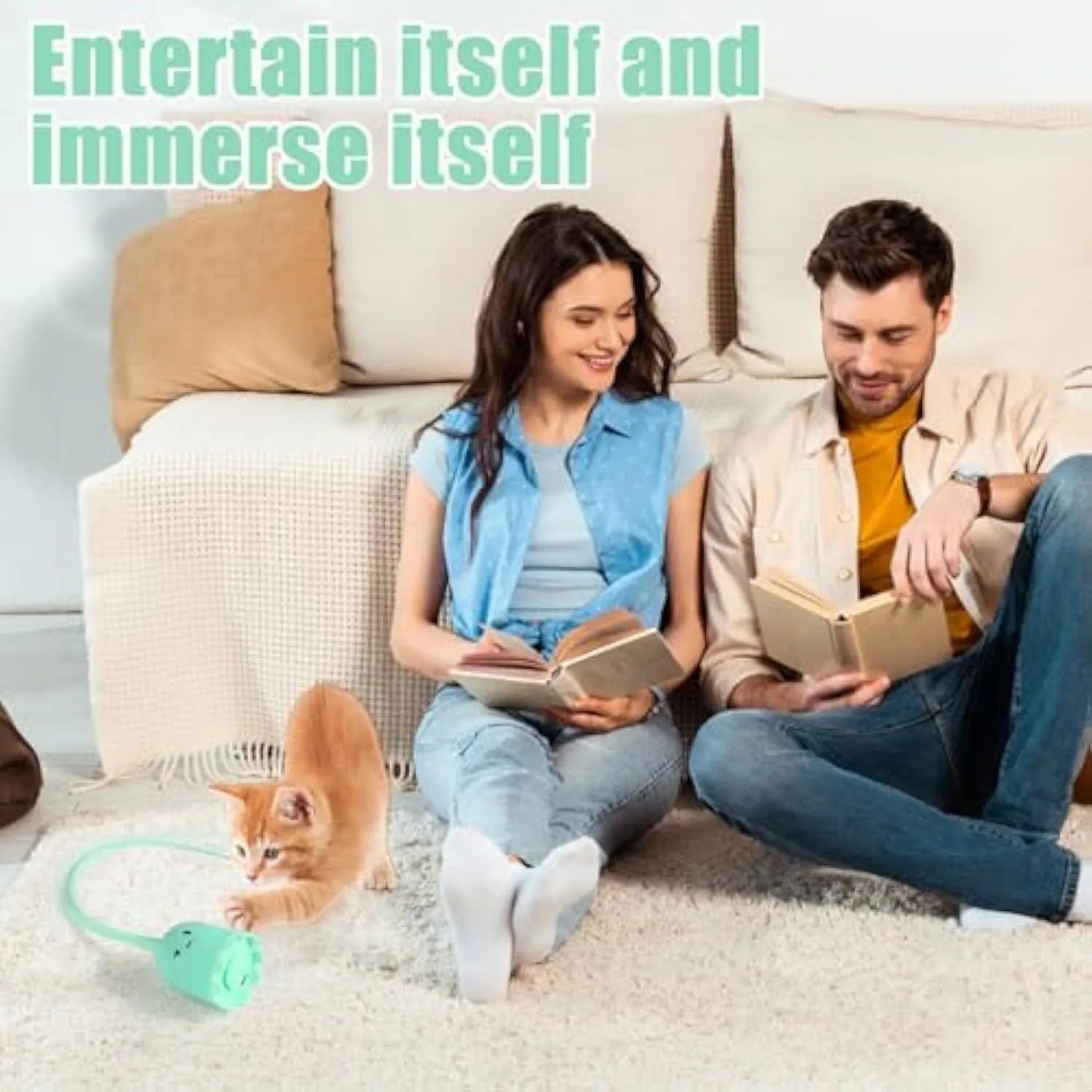 Green automatic cat wand toy with motorised silicone tails swinging, for indoor cat play.