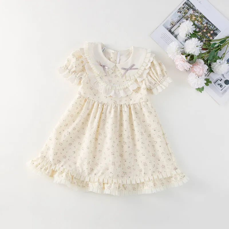 Beige cotton floral dress with lace trim and short sleeves for girls height 90-130cm
