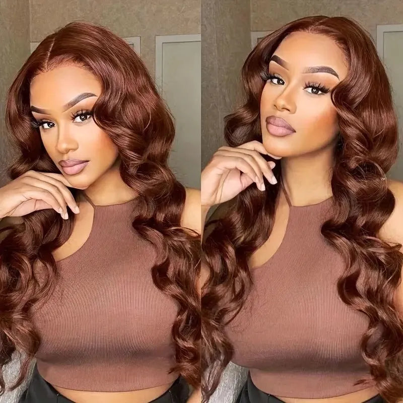 Women's long curly dark brown synthetic front lace wig with side fringe, shown on a model.