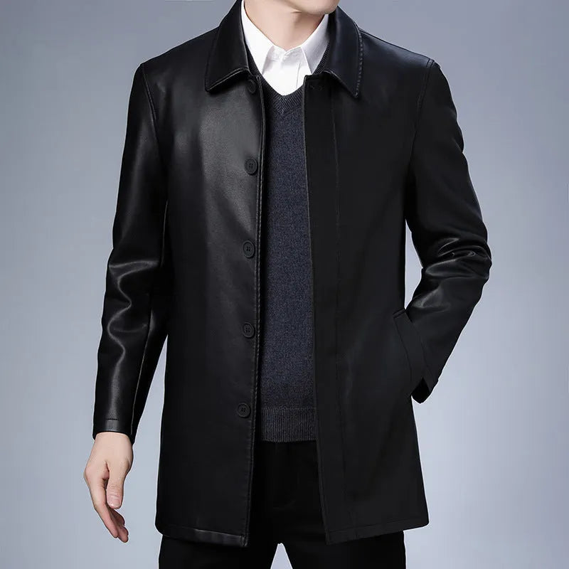 Men's black PU leather lapel coat with fleece padding, medium length 65cm, on display