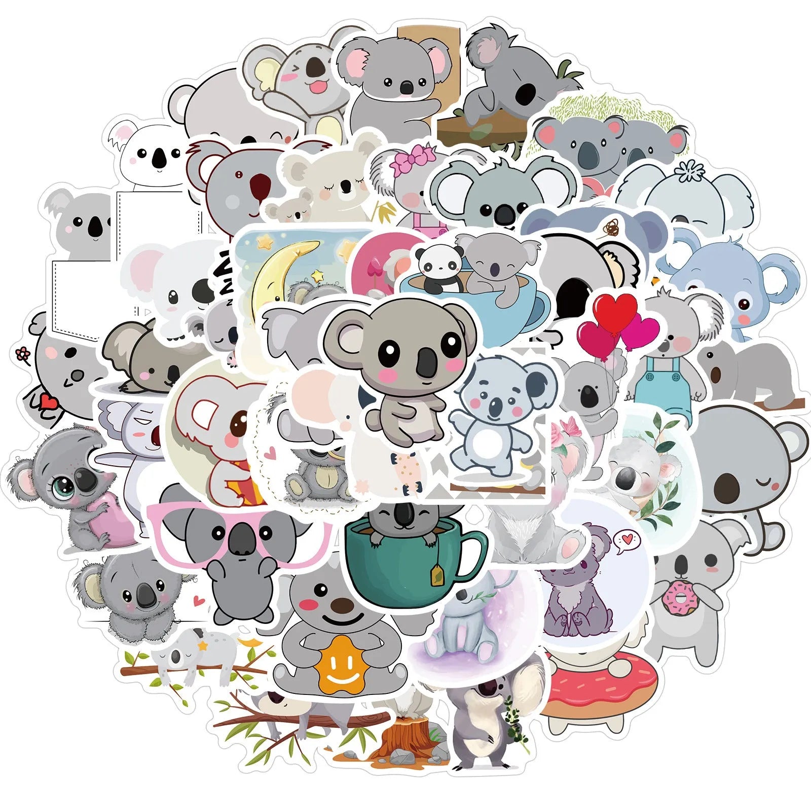 50 cartoon PVC waterproof stickers in assorted graffiti styles including astronaut, drink, and animal designs on a white background