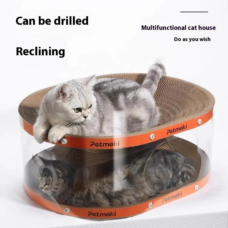 Transparent white diamond pattern cat scratch board with integrated tunnel nest.