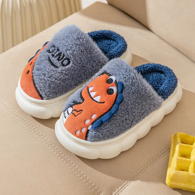 Cotton plush couple slippers with dinosaur print in grey, coffee, or orange, showing thickened pile fabric