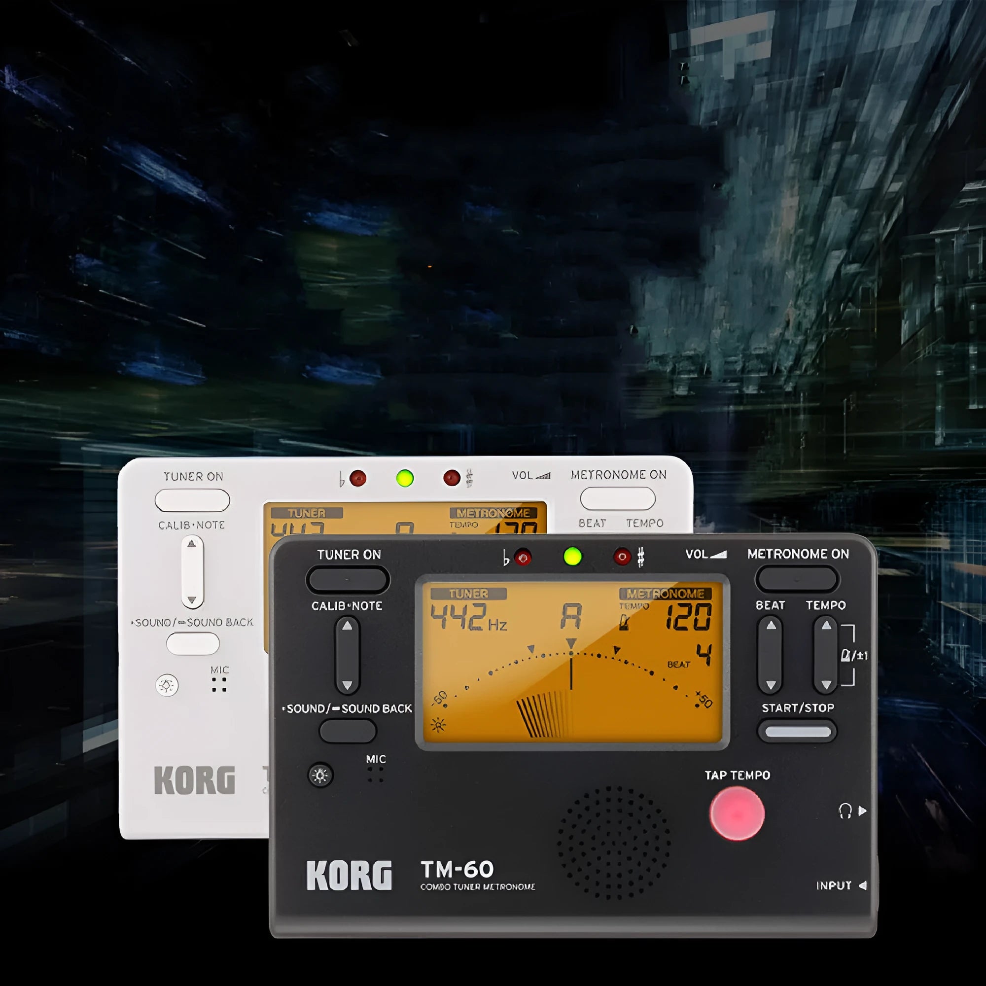 TM-60 black and white universal metronome tuner for piano guitar with digital display.