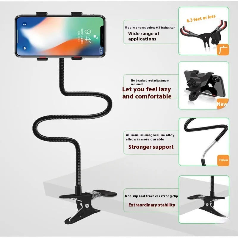 Metal lazy stand gadget with phone clip in black on a desk showing 95cm height and rotary head