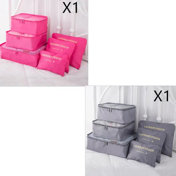 6 piece polyester travel storage bag set in hand bag type shape for clothes and cosmetic organisation, various colour options
