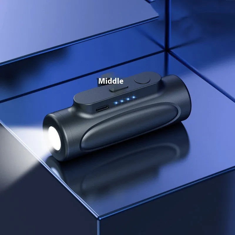 Black or pink creative power bank glare flashlight showing LED torch and charging port, dimensions 83x27x41mm.