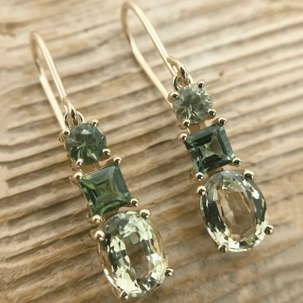 Green copper geometric earrings with quadrilateral retro bohemian design