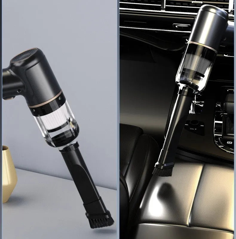 Black wireless handheld car vacuum cleaner with multiple nozzle attachments and USB charging cable