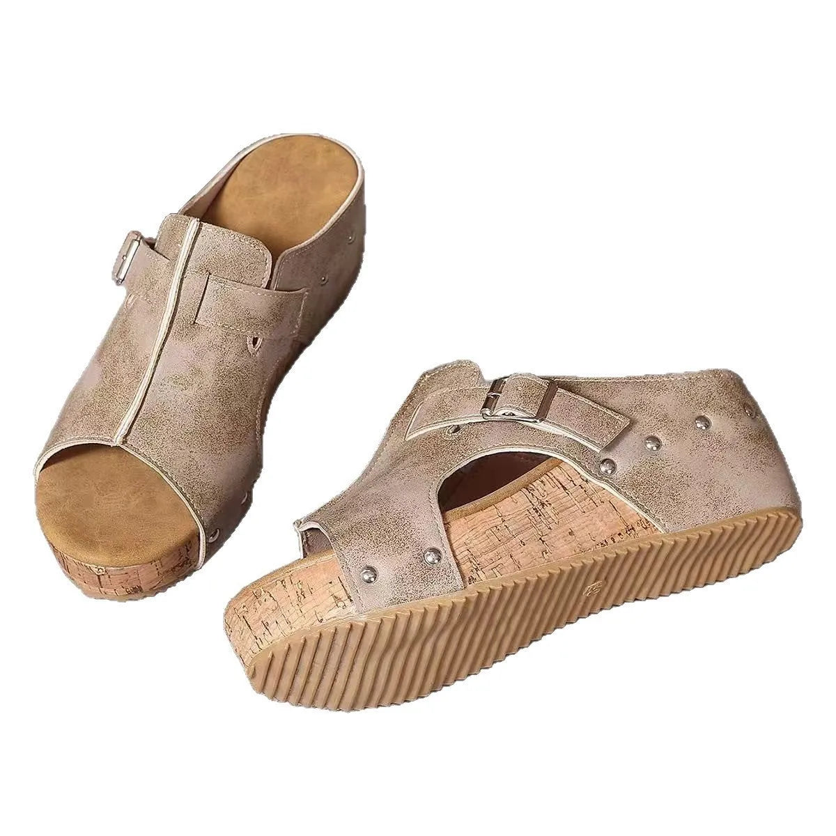 Plus size wedge sandals with rivet detailing, fish mouth toe, in black colour option