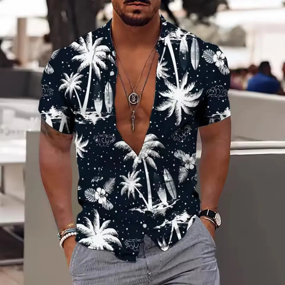 Men's loose fit floral printed beach shirt in polyester fabric with short sleeves
