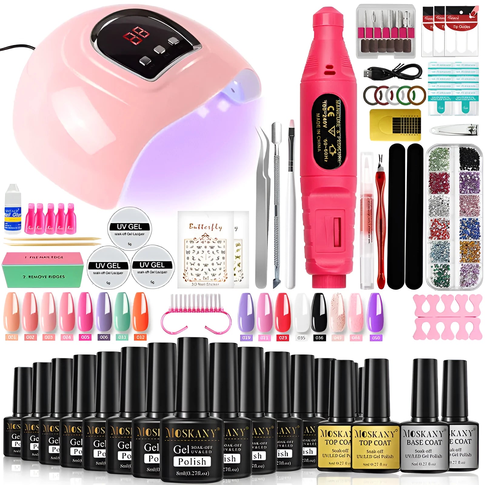 Gel nail kit with UV lamp USB cable and multicolor plastic suit including 15ml polish