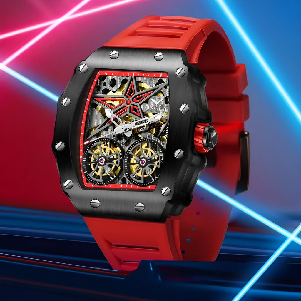Rudder Flywheel skeleton automatic men's mechanical watch with 53mm dial and mineral glass on plastic strap