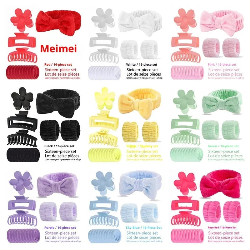 16-piece bow washing face hair band set in assorted colours with plaid pattern on OPP packaging