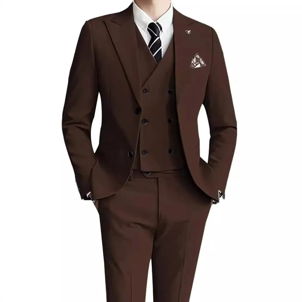 Men's three-piece suit set in linen blend fabric with jacket, waistcoat, and trousers, colour silver grey, front view