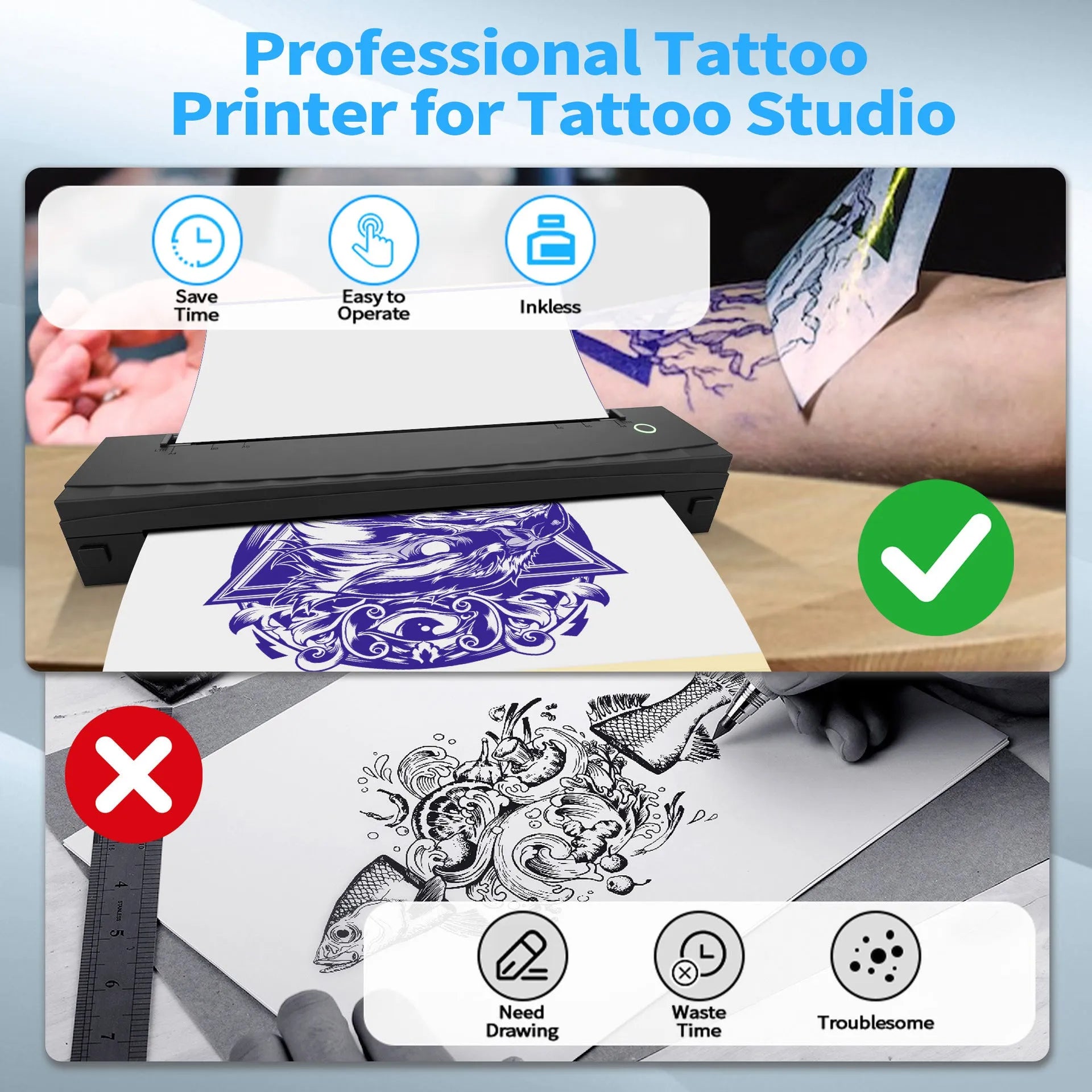 A4 Bluetooth portable mini thermal tattoo printer D80 Black with USB and Type-C ports, 210mm print width