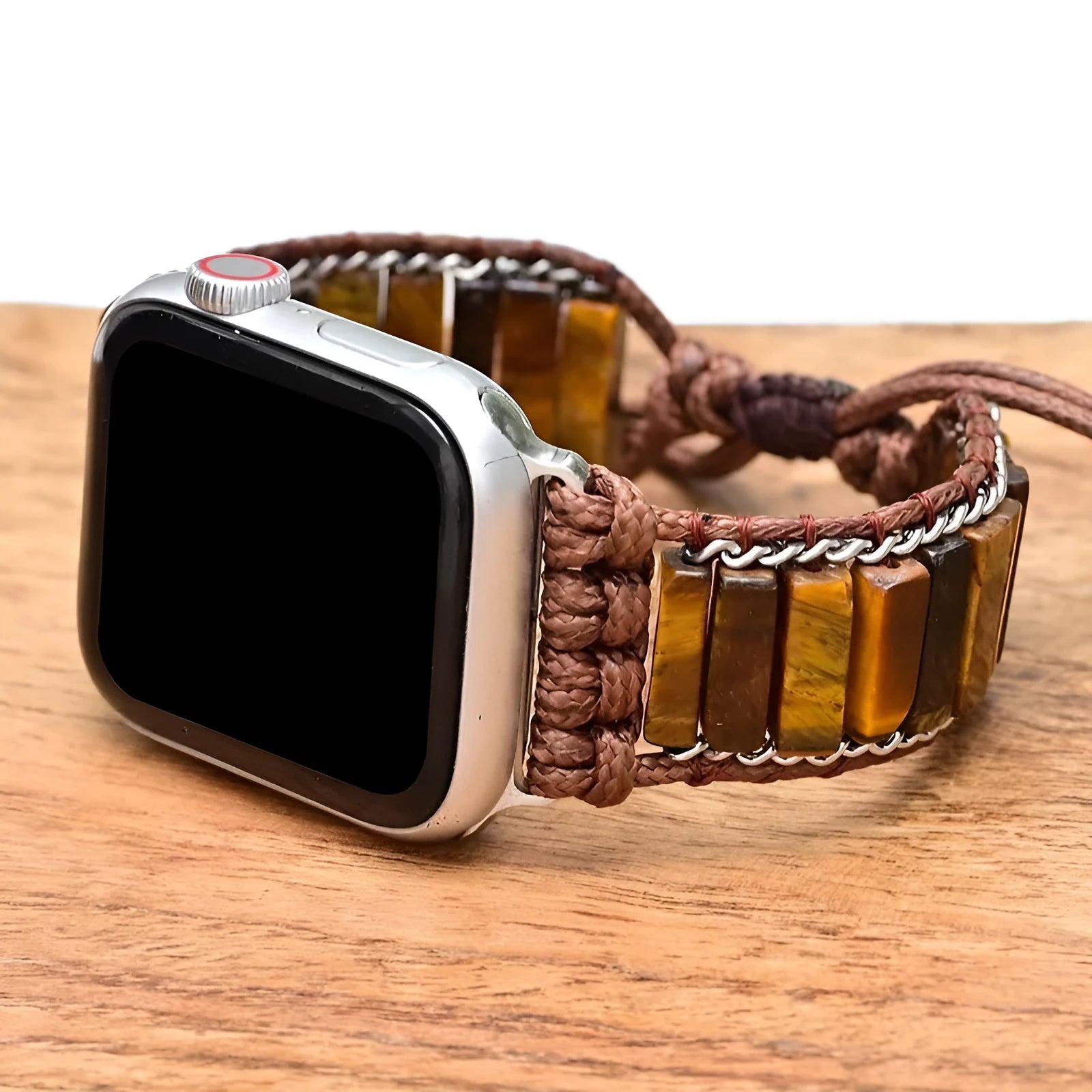 Men's textile watch strap with rectangular tiger eye stone chain, adjustable for 6.5-8.8cm wrists