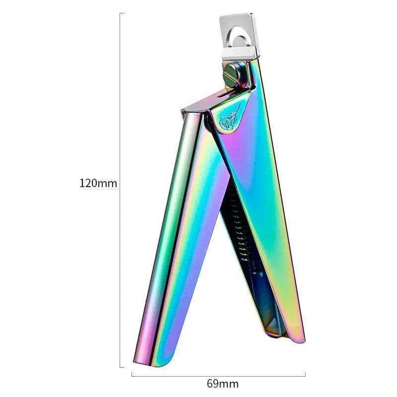 Stainless steel nail art tool set with rainbow, gold, and silver trimmer, clipper, and edge cutter