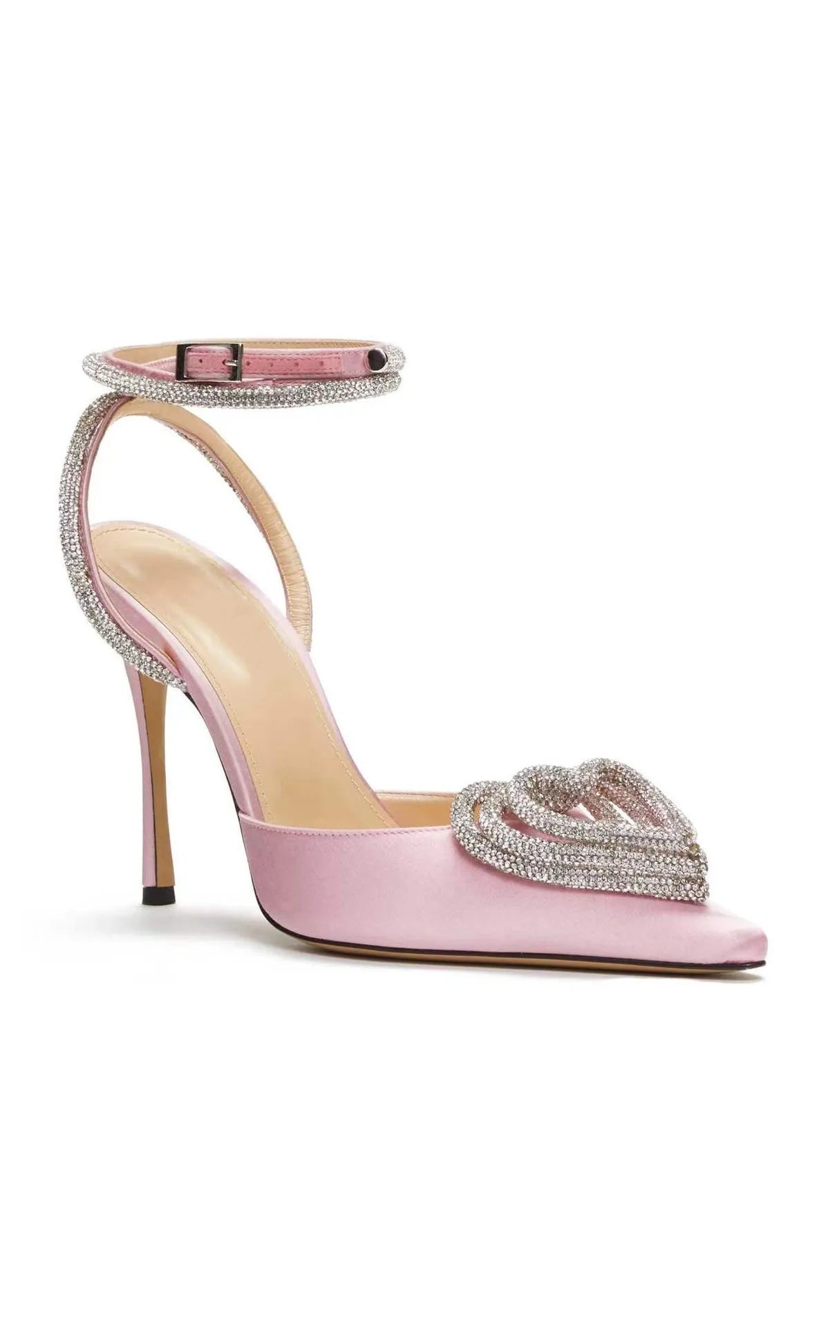 Women's black satin sandals with heart-shaped rhinestone toe and adjustable ankle strap