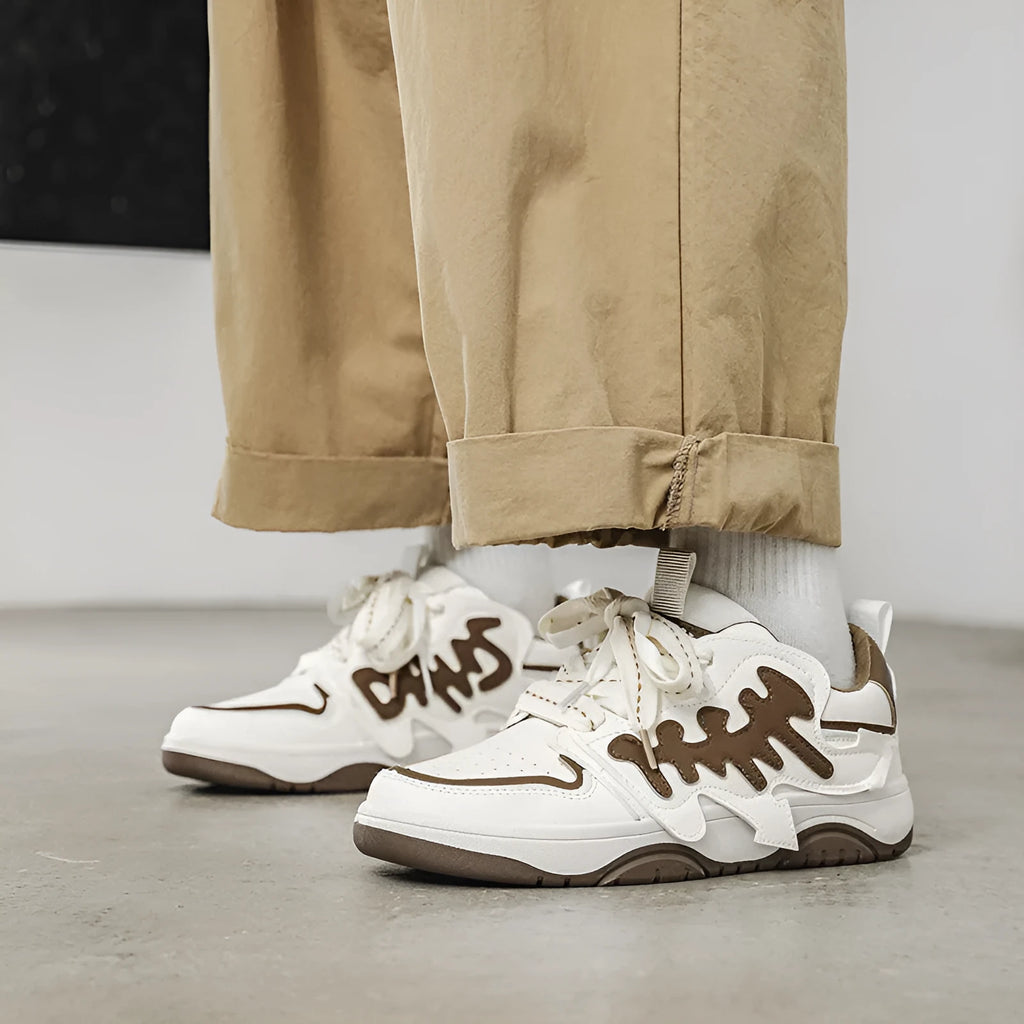 Mens casual sports skate shoes in khaki with microfiber leather upper, rubber sole, and lace-up closure