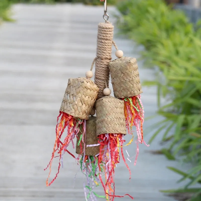 35cm sisal rope parrot chewing toy with wooden blocks and colourful shredded paper hanging from cage bars