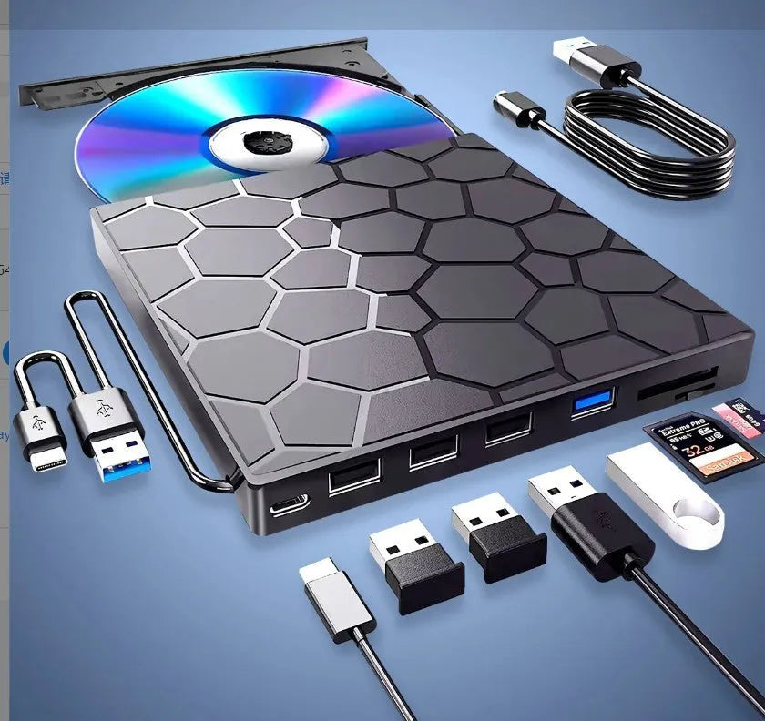 Black external USB CD/DVD drive with compact rectangular design on desktop