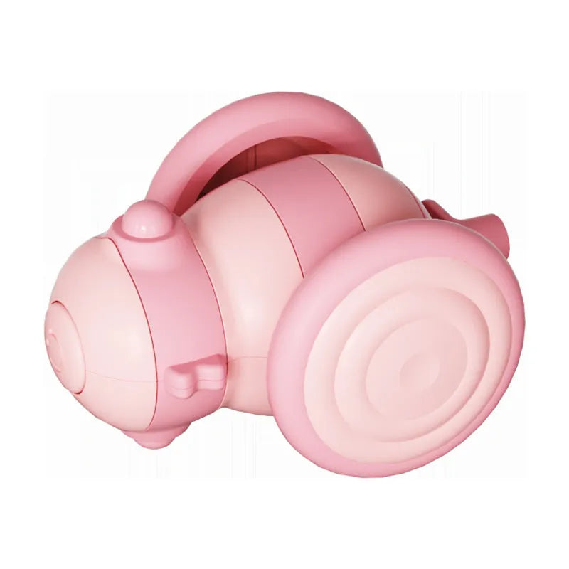 Pink and yellow bee-themed electric cat toy with feather attachment on floor