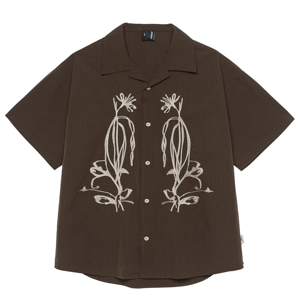 Brown coffee striped waterproof Cuban collar short sleeve shirt for mountain camping