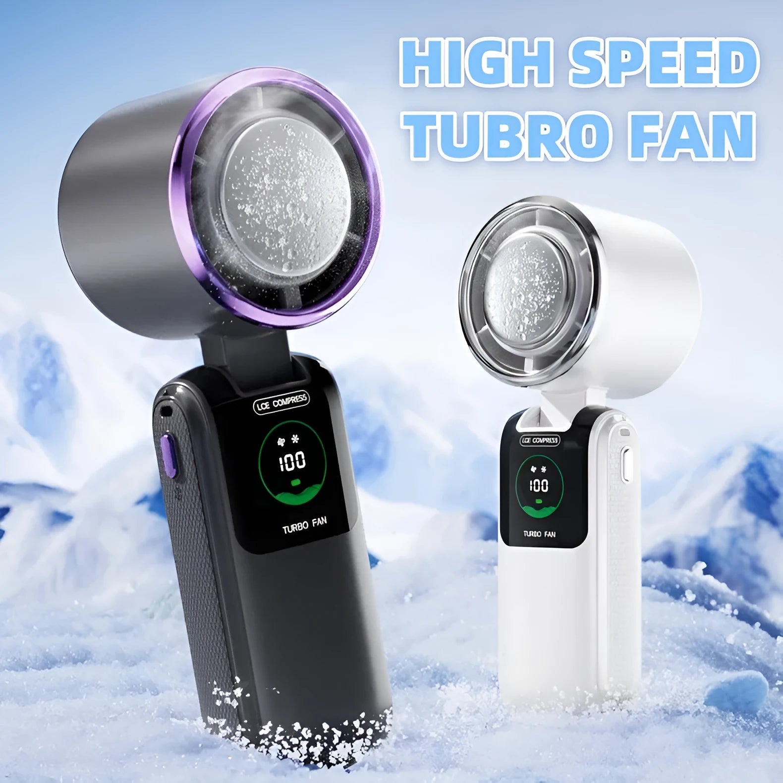 New folding handheld fan with brushless motor and 4000mAh battery in blue colour, showing multiple speed settings