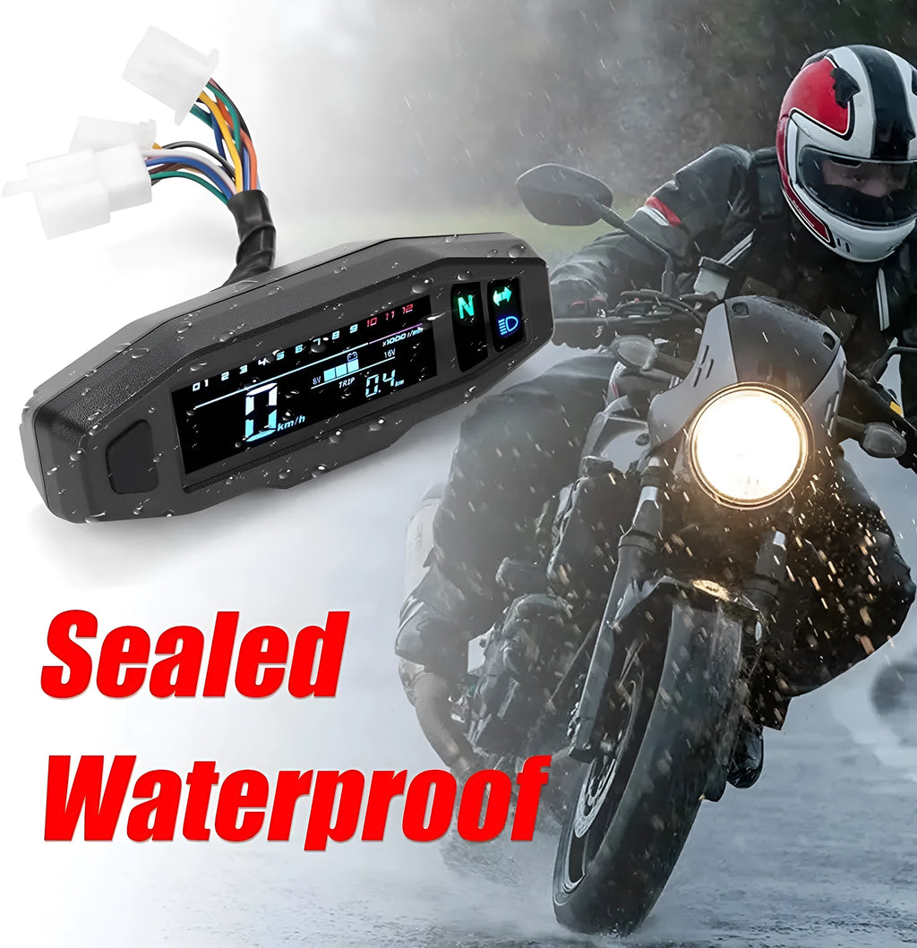 Black motorcycle mini LCD speedometer gauge showing speed, RPM, fuel and oil level on backlit screen