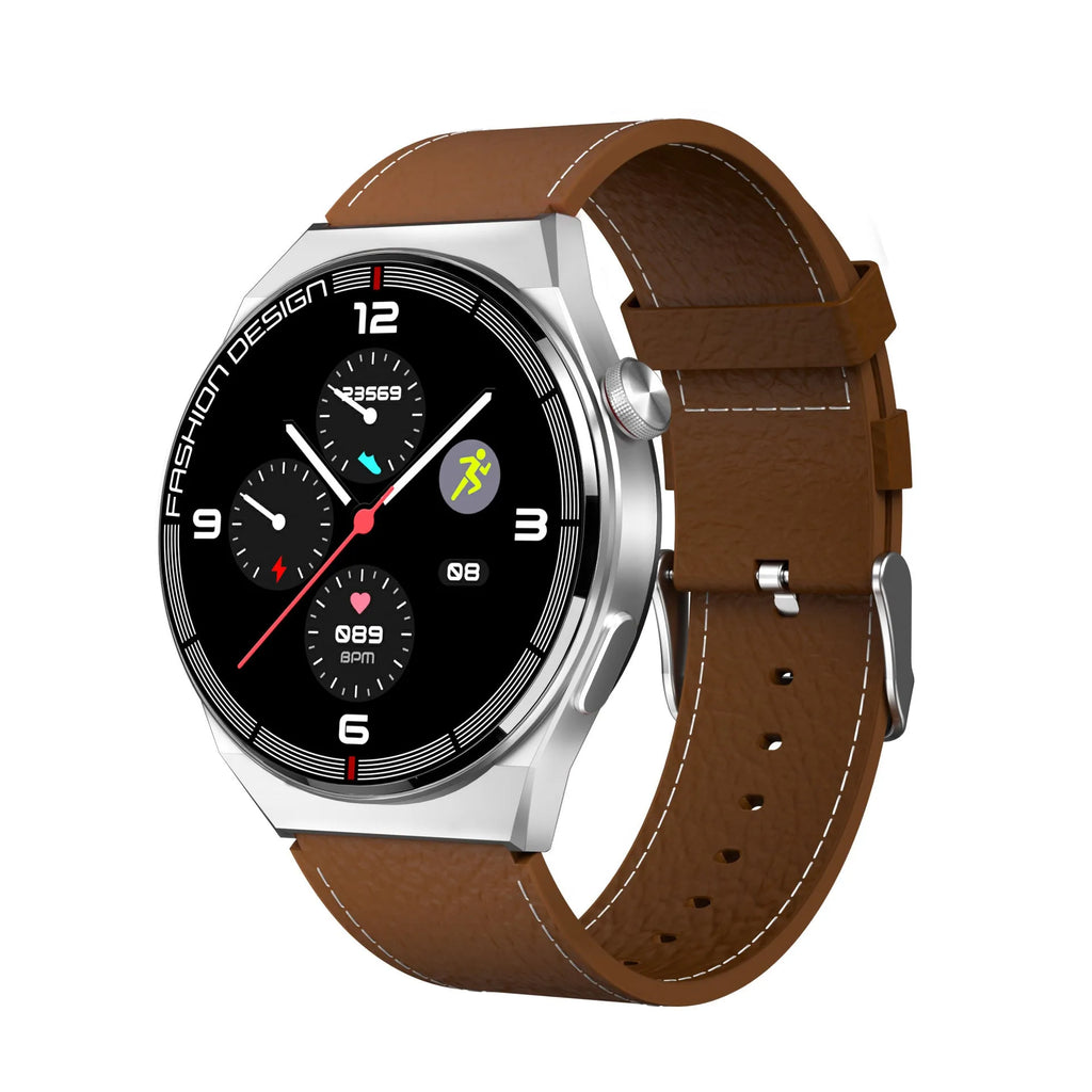 Black Bluetooth smartwatch with heart rate monitoring on silicone strap showing 1.28-inch screen