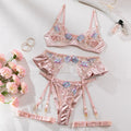 Light purple mercerized embroidery satin lingerie four-piece set