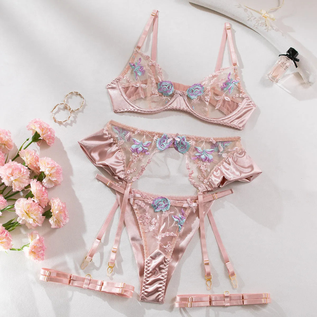 Light purple mercerized embroidery satin lingerie four-piece set