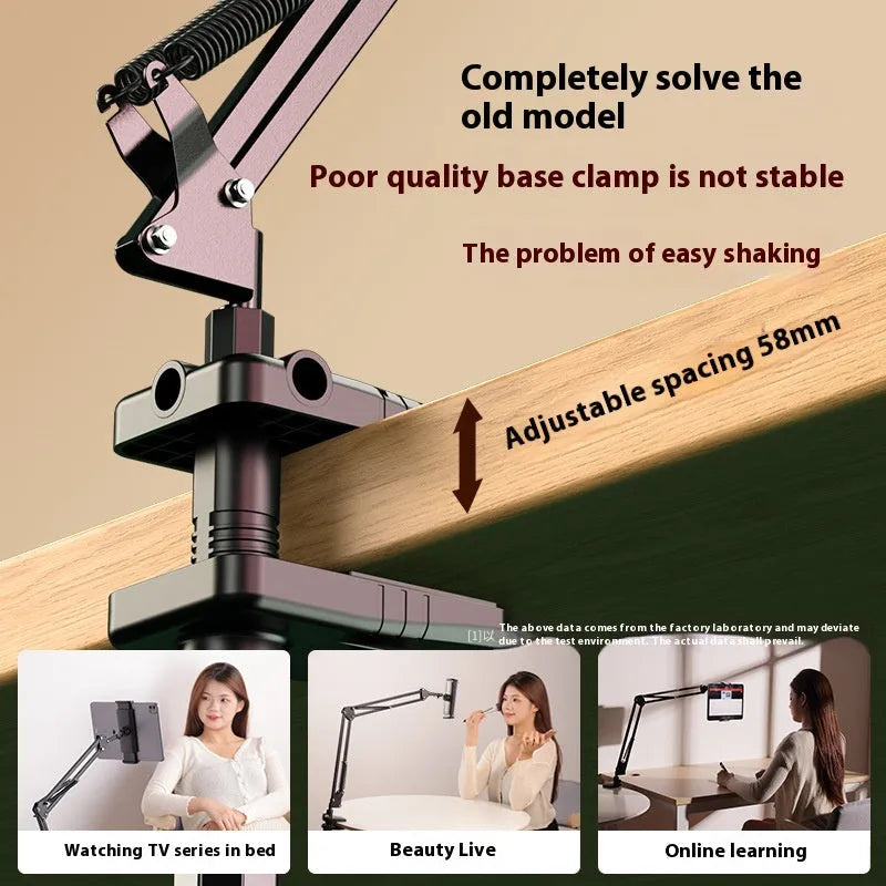 Universal alloy lazy bracket holding a mobile phone on a bedside table