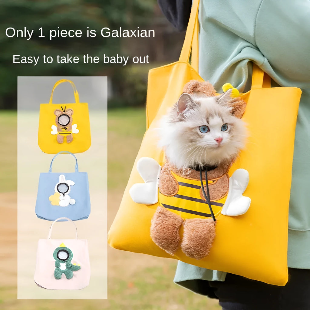Canvas pet shoulder carrier bag with elastic side opening showing cat inside, available in blue, grey, yellow colours