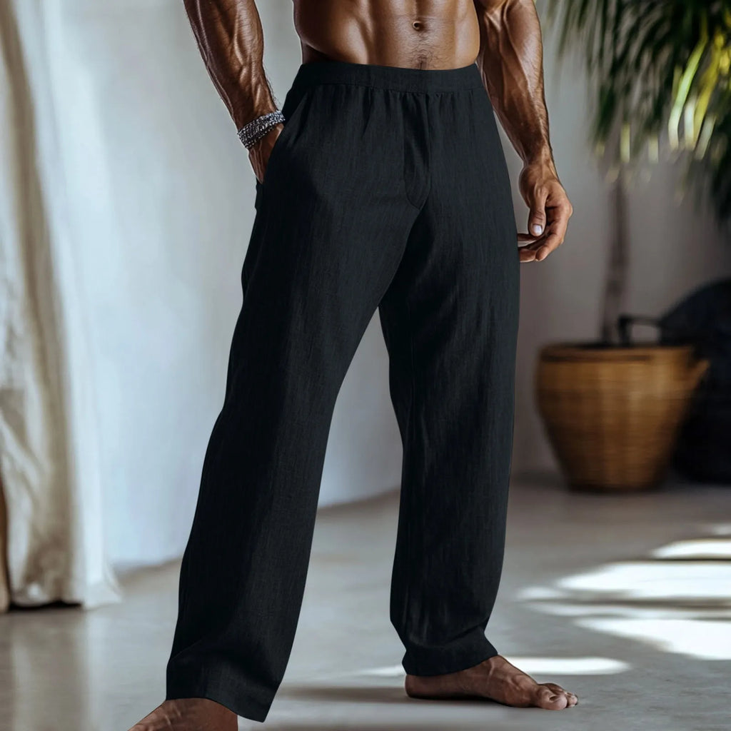 Straight-leg casual trousers in cotton and linen fabric, shown in light green colour with visible pockets.